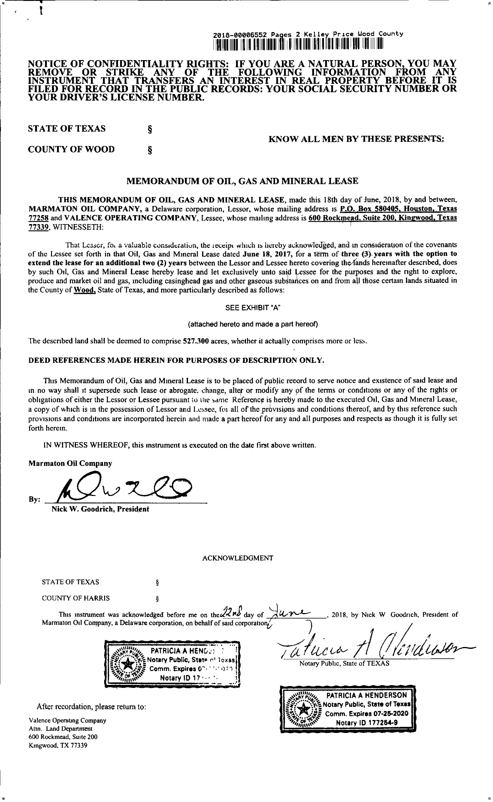 Marmaton Oil Co - Recorded Memorandum (Doc #DOC1285S1233)